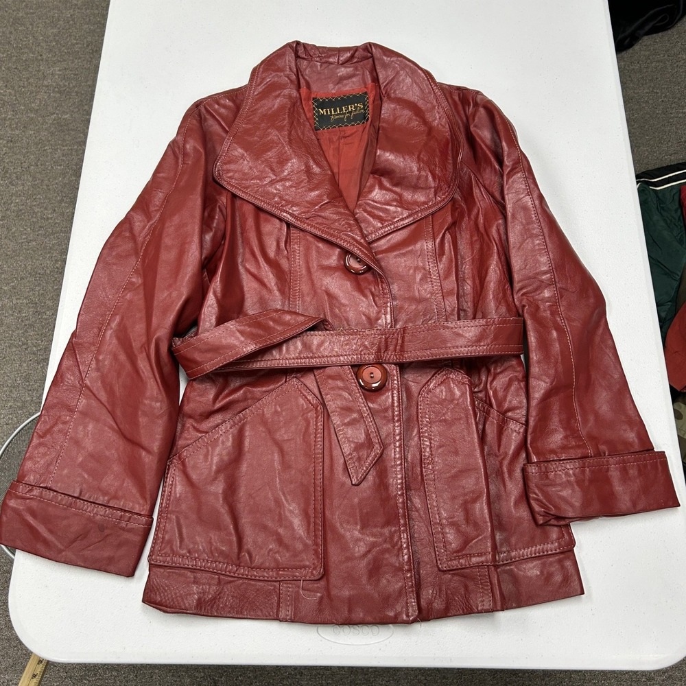 Miller's Leather Jacket Womens M Red Vintage Belted Trench Coat Patch Pockets